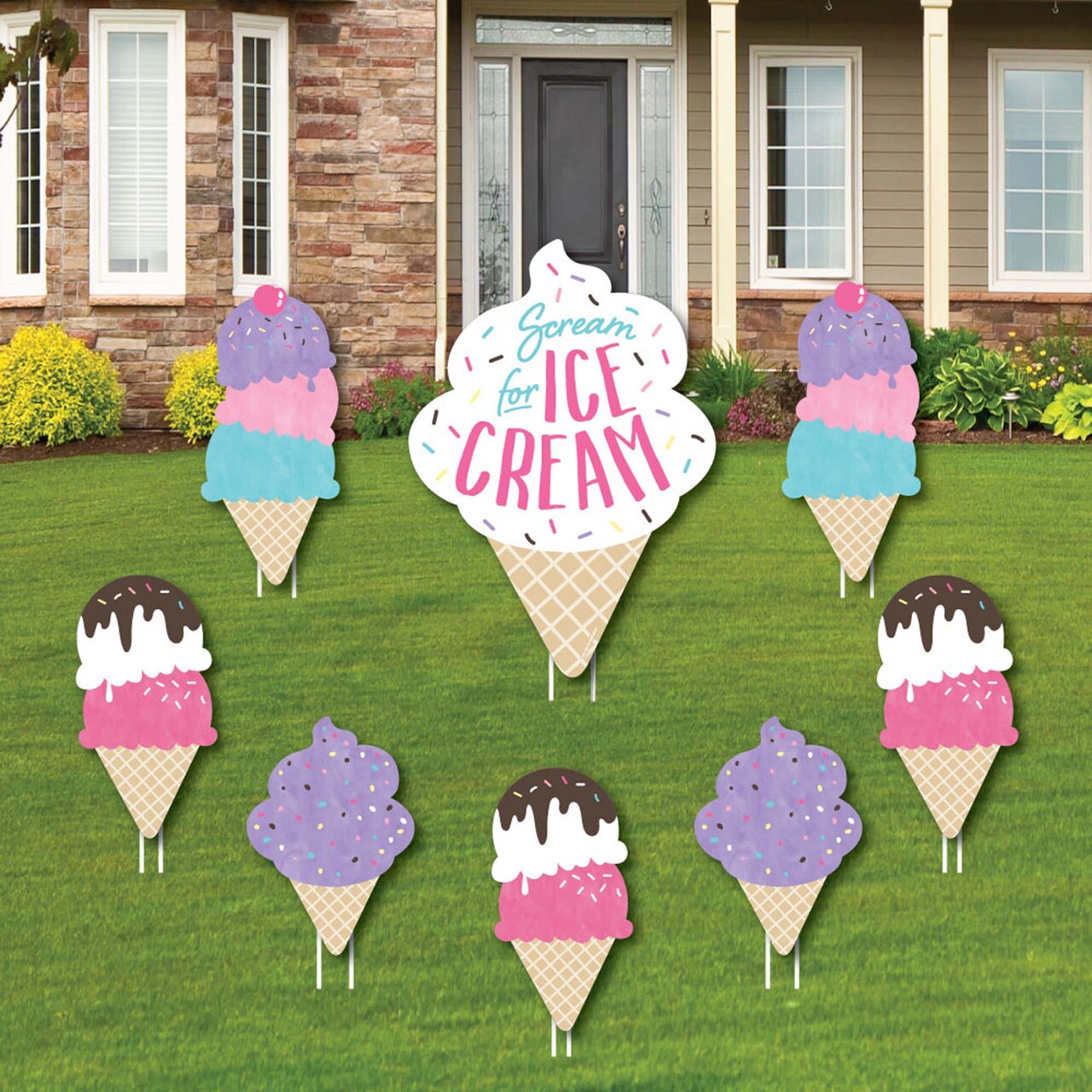 Big Dot of Happiness Scoop Up The Fun - Ice Cream - Yard Sign and Outdoor Lawn Decorations - Sprinkles Party Yard Signs - Set of 8
